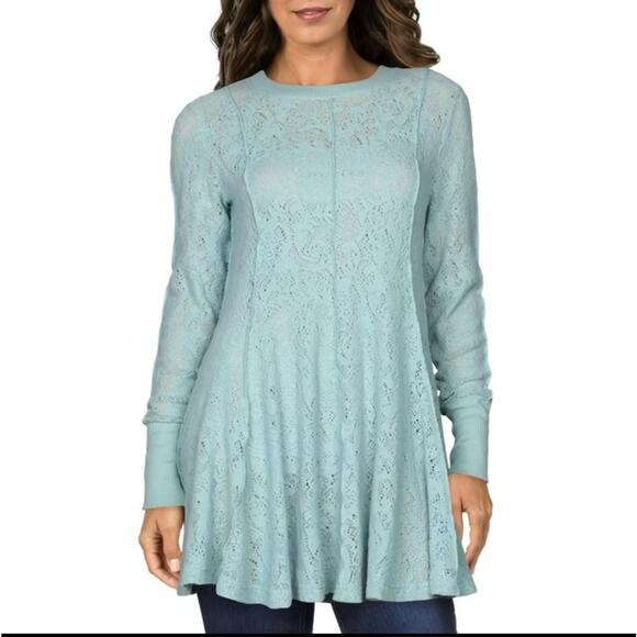 Free People Womens extra large Lace Ribbed Trim Tunic Sweater Blue long crew - Picture 1 of 5